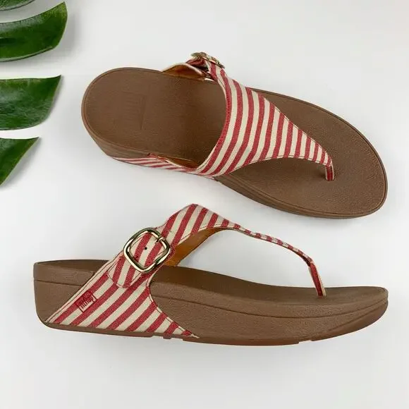 FitFlop The Skinny Sandals Red Stripe Canvas Thong Wedge Women's